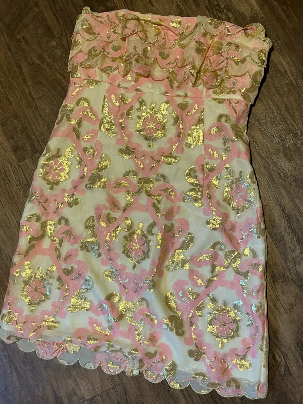 Lilly Pulitzer Strapless Pink, Gold and Cream Floral Brocade Dress - Picture 3 of 7